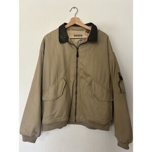 90s Lord & Taylor Mens Large Coat Bomber Jacket Leather Collar Chore Barn Tan